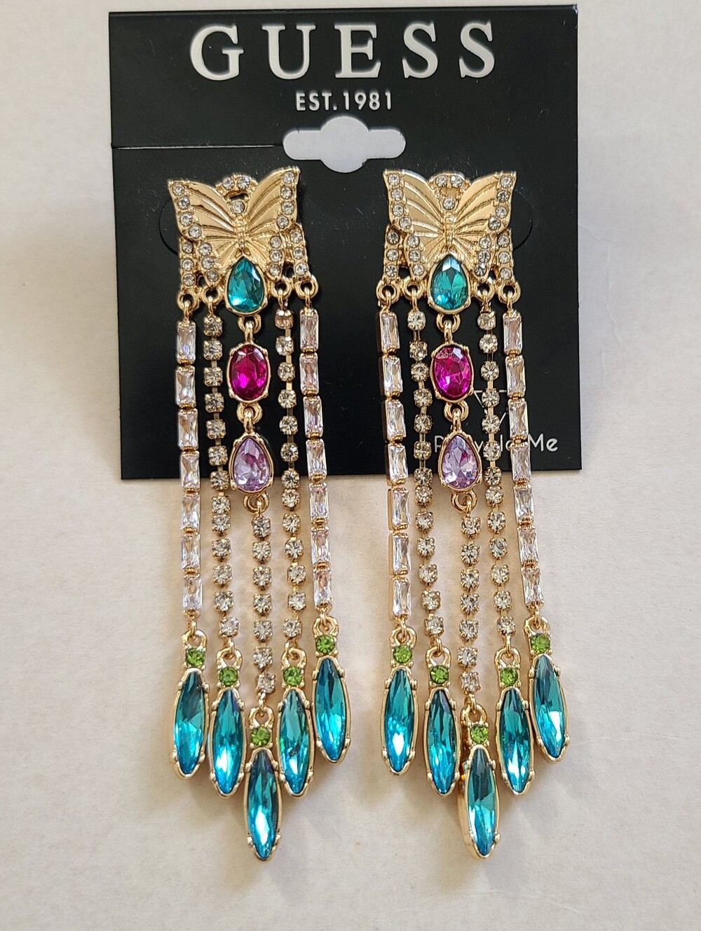 GUESS Gold-Tone Multicolor Teardrop Crystal Dangle Earrings, Post Drop Earrings